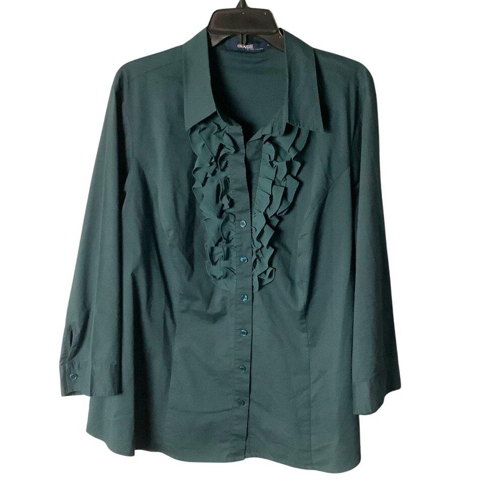 Eloquii By The Limited Womens Plus Size 20 Ruffle‎ Front Blouse 3/4 Sleeve Green
